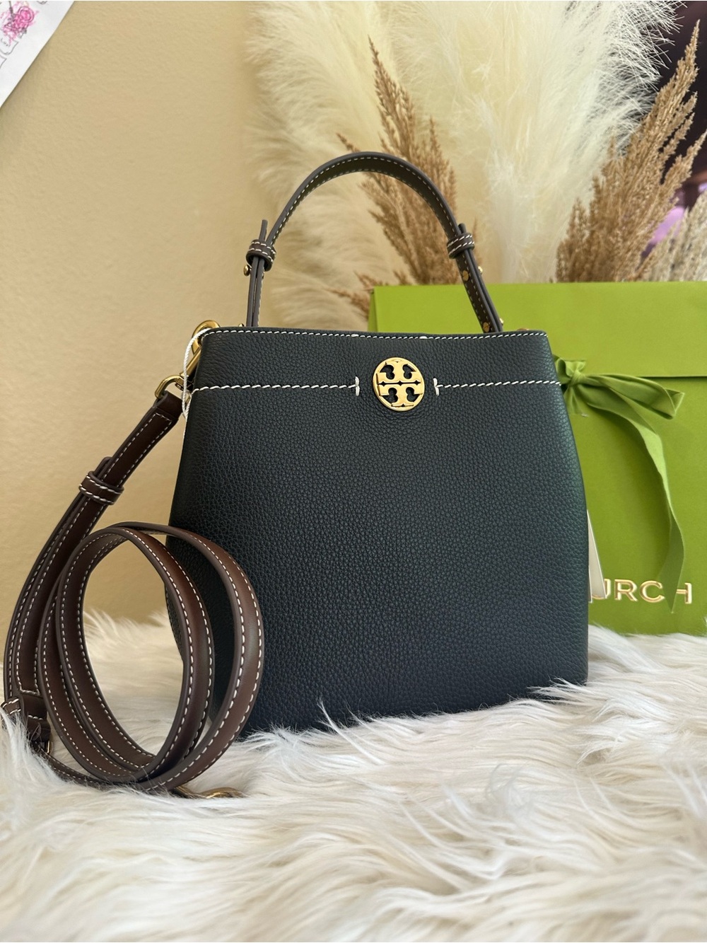 Tory Burch Black Leather Bucket Shoulder Bag with Gold Logo